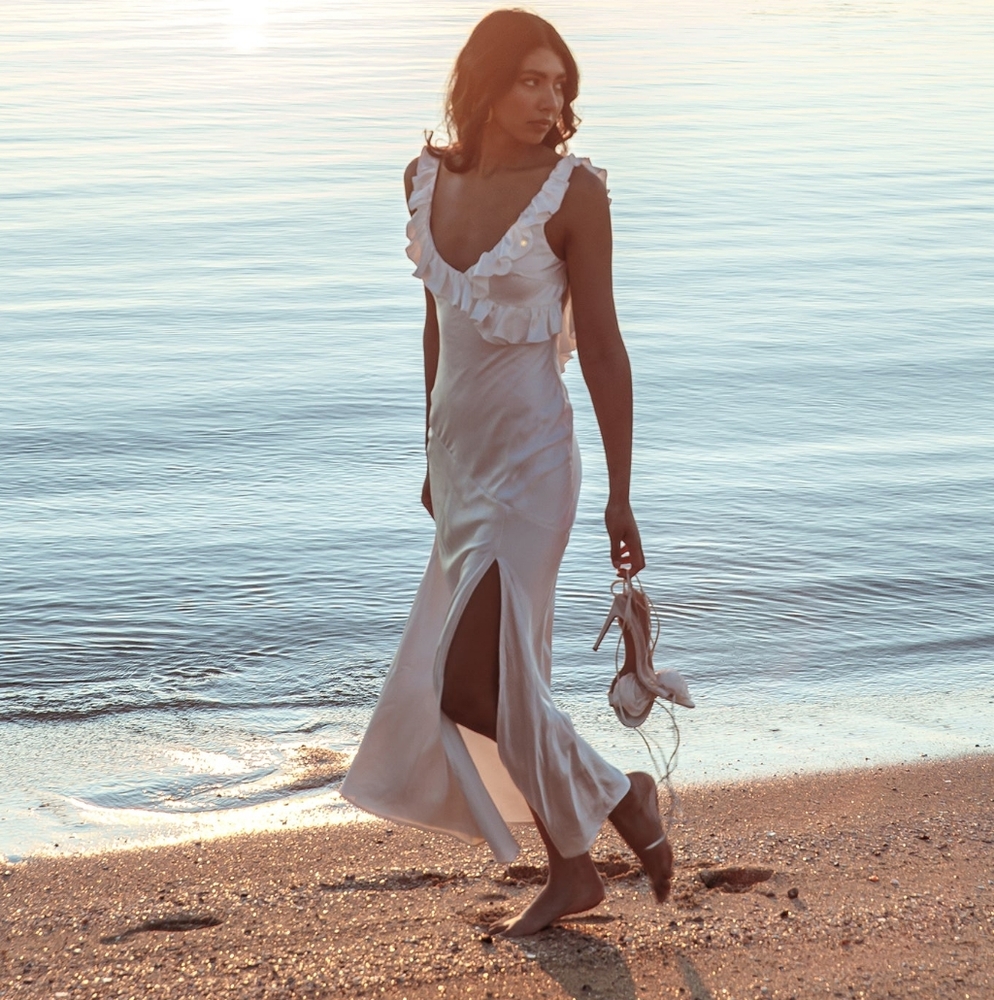 Selfie Leslie Here Comes the Sun Ruffle Alba Frill Trim Satin Maxi Dress